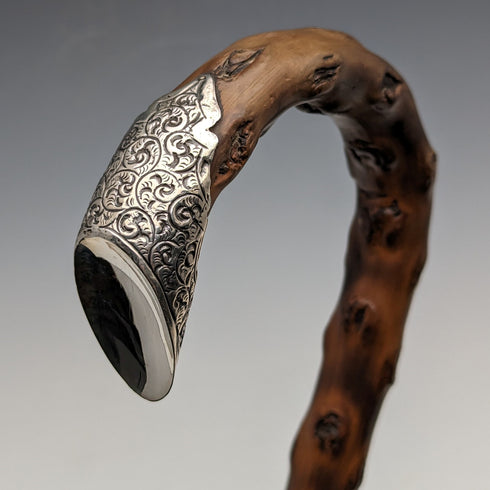 1900 British Antique Men's Cane, Curved Handle, Sterling Silver Decoration, Brown Shaft, 90cm